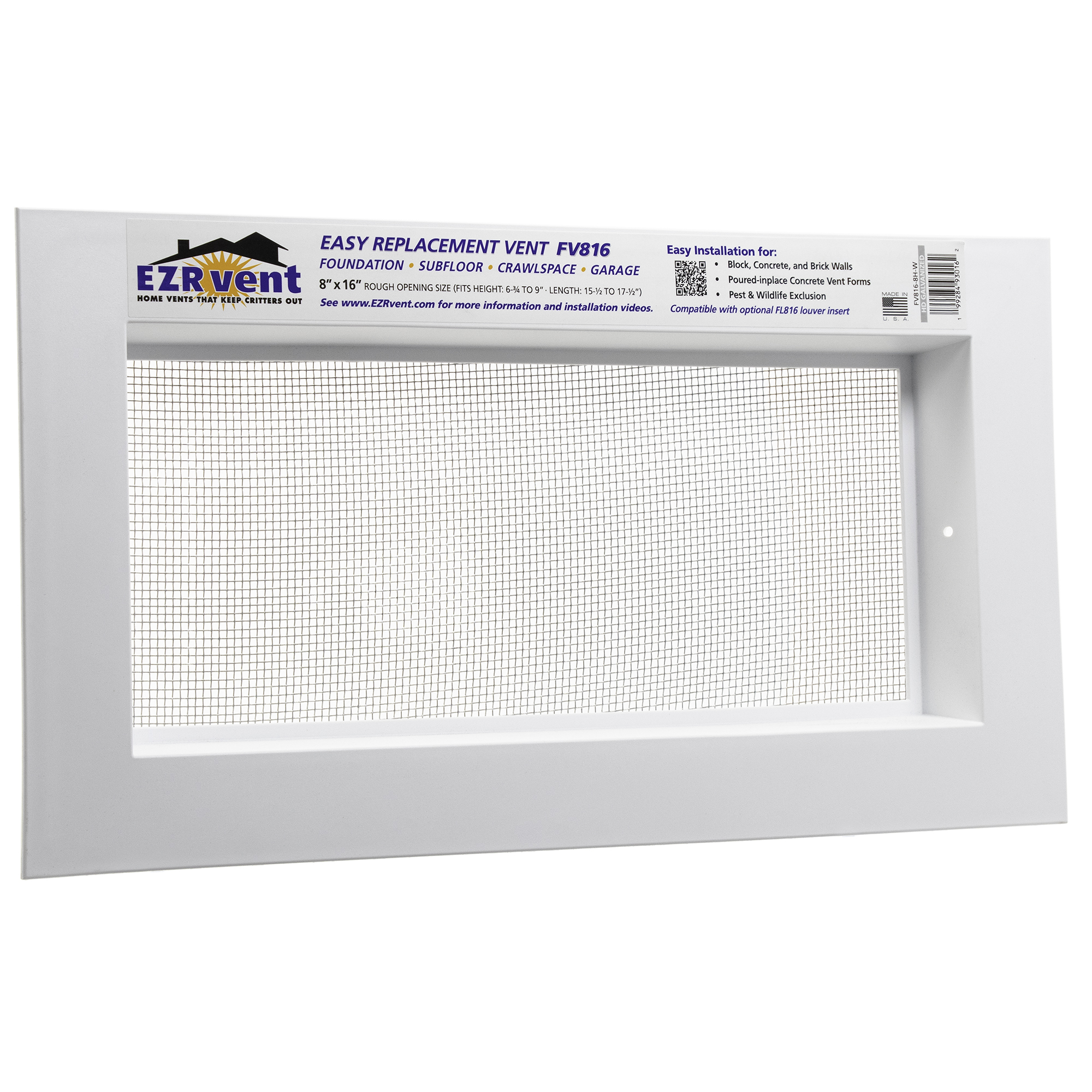 EZRvent FV816-8H-W Easy Replacement Vent, Foundation Crawlspace and Garage, 8x16 Rough Opening for Block and Poured-in-place Concrete Walls EZRvent FV816-8H-W Easy Replacement Vent, Foundation Crawlspace and Garage, 8x16 Rough Opening for Block and Poured-in-place Concrete Walls, G