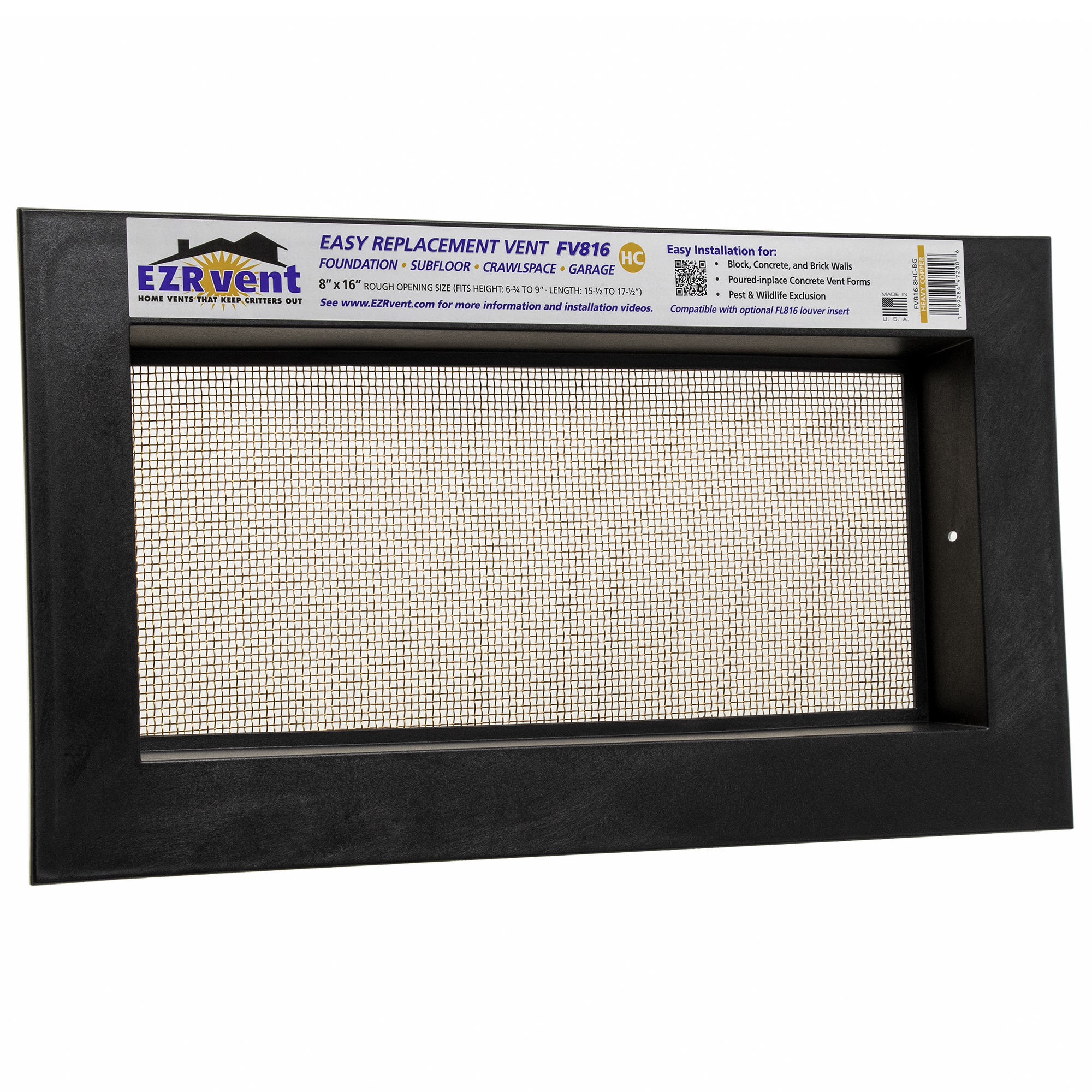 EZRvent FV816-8HC-BG 8x16 Easy Replacement Vent, Foundation Crawlspace and Garage EZRvent FV816-8HC-BG Easy Replacement Vent, Foundation Crawlspace and Garage, 8x16 Rough Opening for Block and Poured-in-place Concrete Walls, Copper Mesh, UV Stabilized PP Frame Black Graphite Color