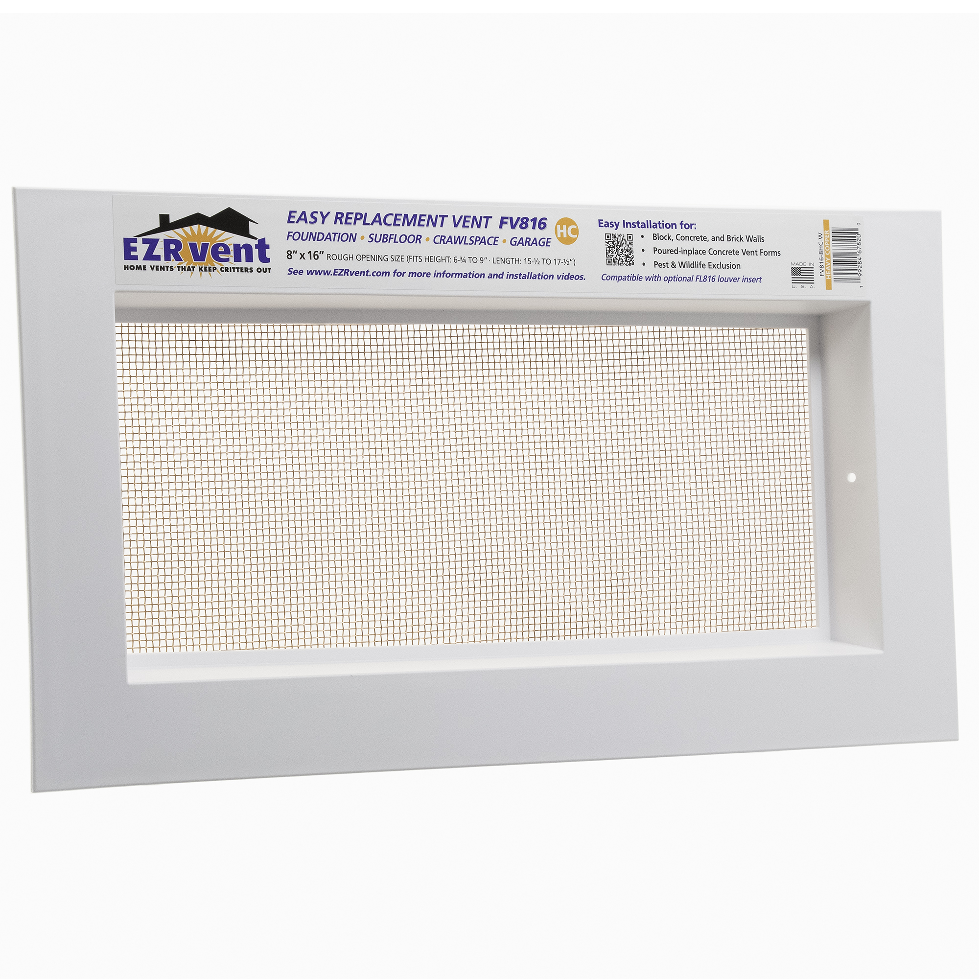EZRvent FV816-8HC-W Easy Replacement Vent, Foundation Crawlspace and Garage, 8x16 Rough Opening for Block and Poured-in-place Concrete Walls EZRvent FV816-8HC-W Easy Replacement Vent, Foundation Crawlspace and Garage, 8x16 Rough Opening for Block and Poured-in-place Concrete Walls, Copper Mesh, White UV Stabilized PP Frame Color
