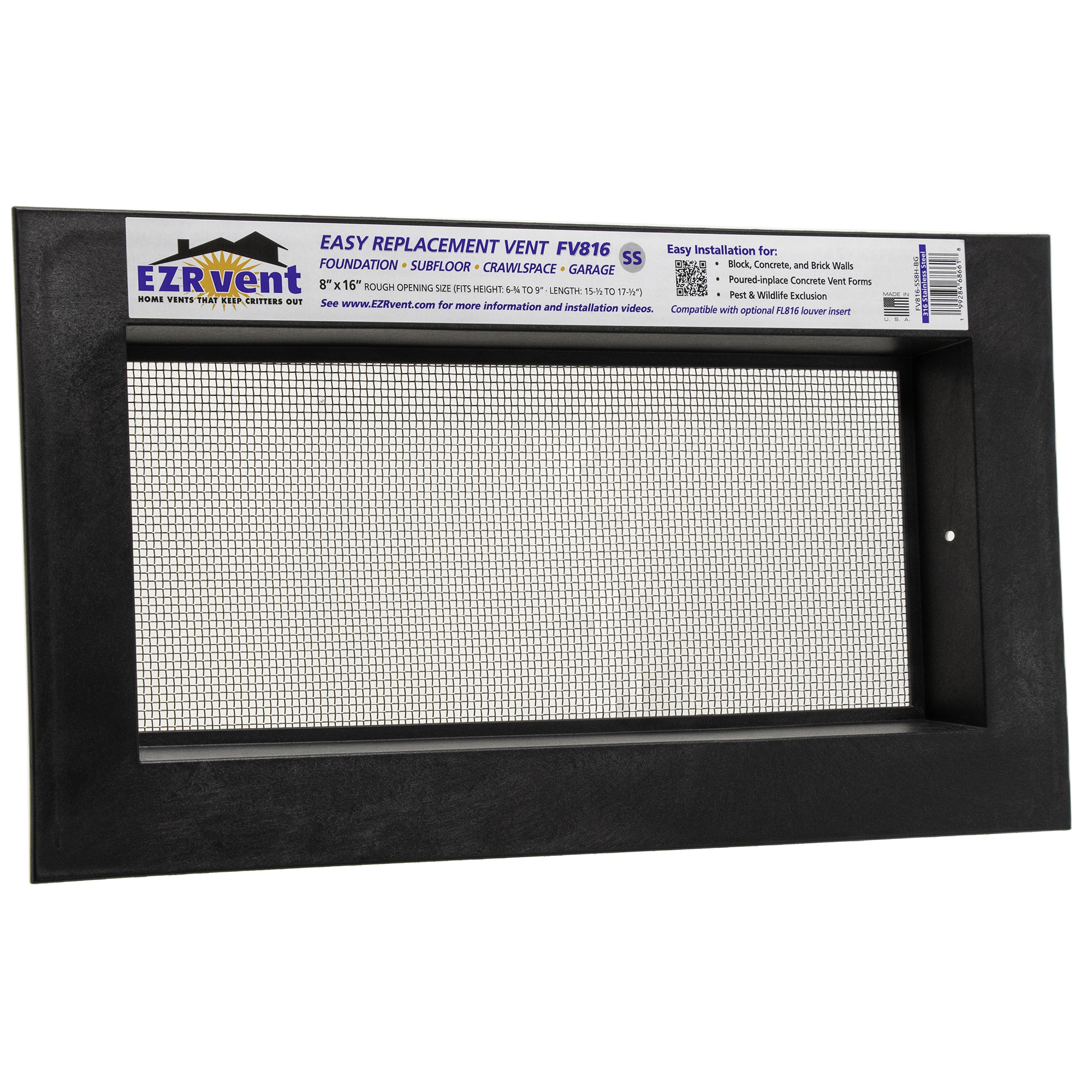EZRvent FV816-SS8H-BG Easy Replacement Vent, Foundation Crawlspace and Garage, 8x16 Rough Opening for Block and Poured-in-place Concrete Walls Production Photos: EZRvent FV816-SS8H-BG Easy Replacement Vent, Foundation Crawlspace and Garage, 8x16 Rough Opening for Block and Poured-in-place Concrete Walls - 316 Stainless Steel Mesh, Polypropylene Black Graphite frame color
